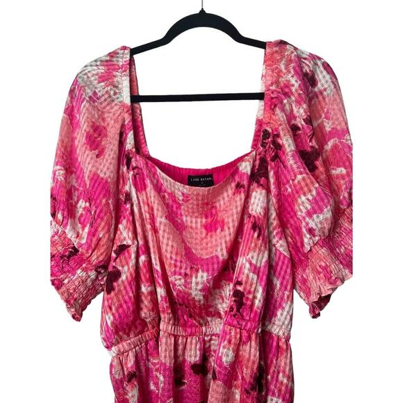 Lane Bryant Dress Size 22 Pink Smocked Cuff-Sleeve Square-Neck Fit & Flare Belt - Picture 2 of 13